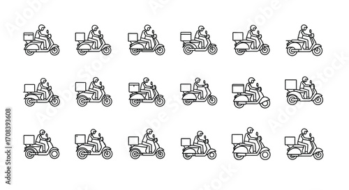 Collection of delivery scooter icons featuring riders and cargo boxes for fast food and package services vector