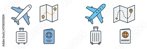Travel essentials including luggage, maps, and airplanes for planning a journey