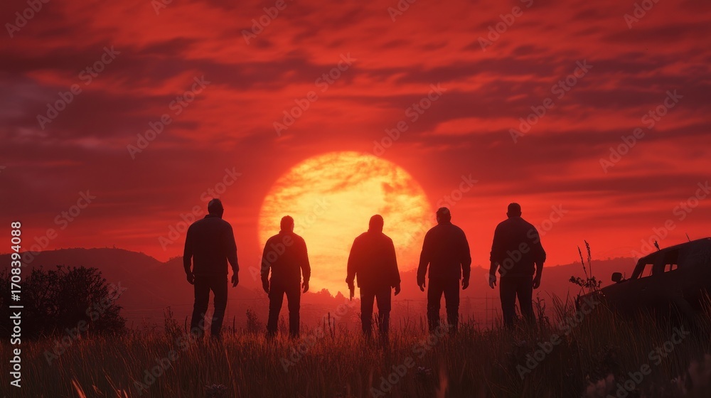 Fototapeta premium Silhouette figures sunset horizon
