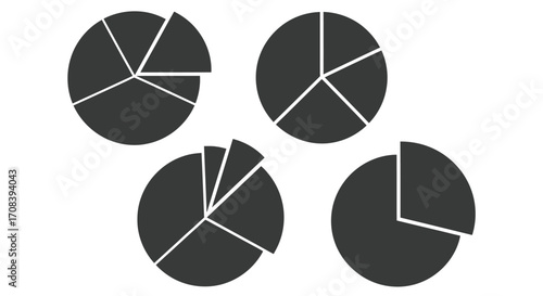 Four dark grey pie charts showing data segments and proportions vector