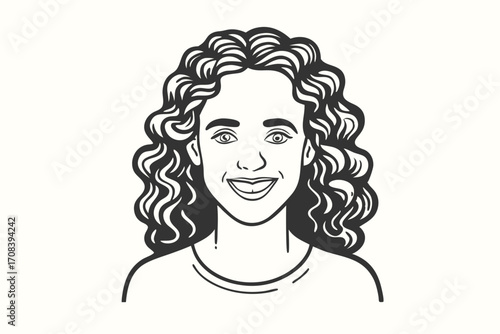 Smiling woman with curly hair and fair skin looks friendly in an ink drawing