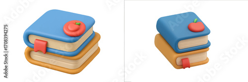 Colorful illustrated stack of books with apple decorations sits on a clean surface in a bright, inviting setting