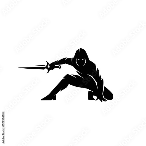 Silhouette of a Crouching Assassin with Sword