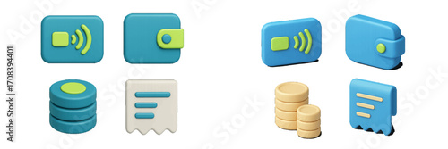 Colorful digital interface icons in blue and green for technology applications displayed on a white background