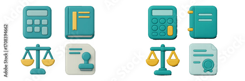 Colorful icons representing legal concepts and calculations suitable for educational materials or digital platforms