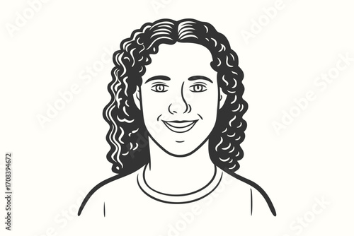 Smiling young adult with wavy brunette hair looks directly forward in a line drawing