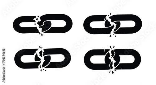 Four broken chain links symbolizing disconnection and weak connections vector