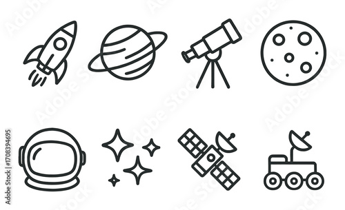 Space icons: rocket, planet, telescope, moon, astronaut, stars, satellite, rover