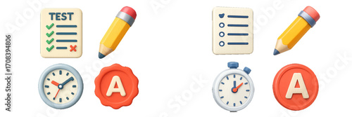 Colorful icons representing education, assessment, and time management for study and testing settings in a digital format