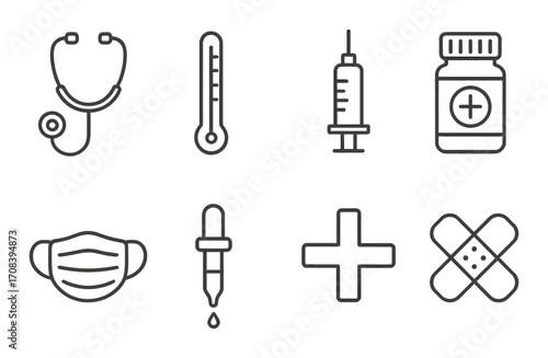 Medical icons set: stethoscope, thermometer, syringe, medicine, mask, dropper, cross, bandage