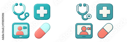 Medical icons representing telehealth services and traditional health care systems in a modern design