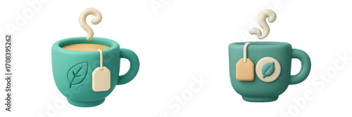 Colorful ceramic cups with steaming tea bags on a white background in a minimalist style