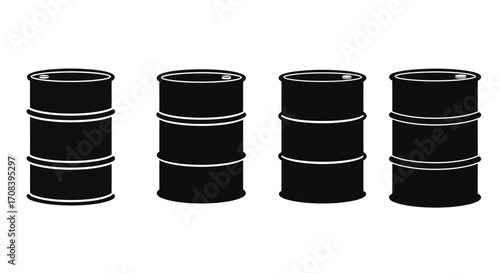 Four black industrial barrels lined up in a row isolated on vector