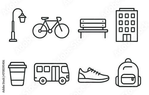 Urban icons: bike, bench, building, lamp, coffee cup, bus, shoe, backpack