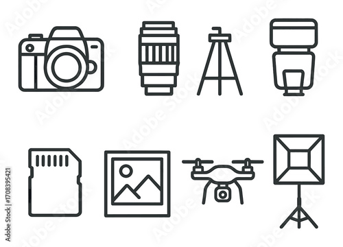 Photography equipment icons: camera, lens, tripod, flash, memory card, photo, drone, softbox