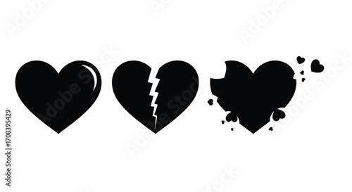 Set of three stylized black hearts showing different stages of love and heartbreak vector