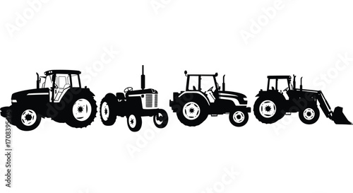 Four diverse tractors lined up silhouettes agricultural machinery modern and classic farm equipment vector