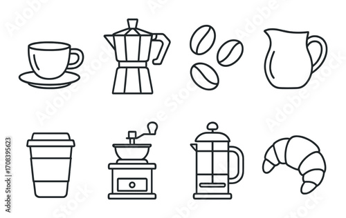 Silhouette icons of coffee brewing and accessories on dark background