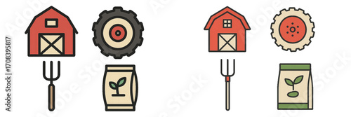 Illustrations of agricultural tools and elements representing farming and cultivation practices in a rural setting