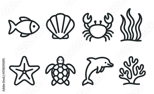Sea life silhouettes: fish, shell, crab, seaweed, starfish, turtle, dolphin, coral
