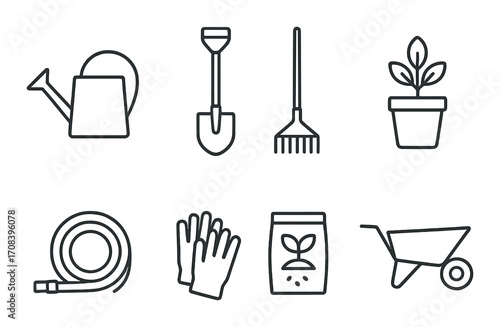 Gardening tools icon set featuring watering can, shovel, rake, potted plant, hose, gloves, soil bag, wheelbarrow
