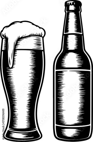 Monochrome vector drawing of a full beer glass and bottle in a retro woodcut style
