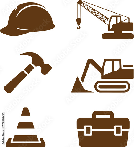 A collection of flat brown construction and building industry icons, vector illustration set 377