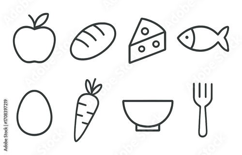 Healthy food icons set featuring apple, bread, cheese, fish, egg, carrot, bowl, and fork