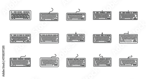 Collection of fifteen vintage mechanical keyboards in a grid layout displaying detailed mechanisms vector