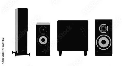 Modern home theater speaker system configuration with tall tower and compact surround speakers vector