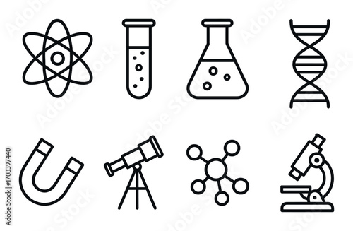 Science icons set featuring dna, microscope, and chemistry symbols on dark background