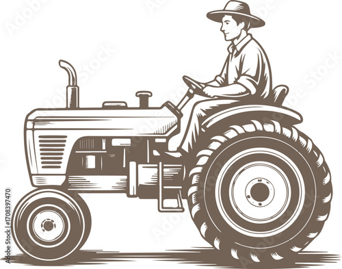 Man on a Tractor Vintage Farming Illustration