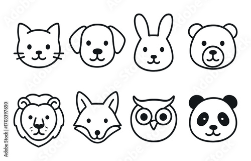 Cartoon animal faces collection: cat, dog, rabbit, bear, lion, fox, owl, panda icons