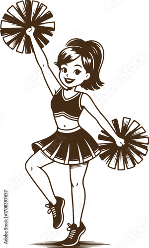 Illustration of a smiling cheerleader performing a routine with pom-poms, isolated on white background