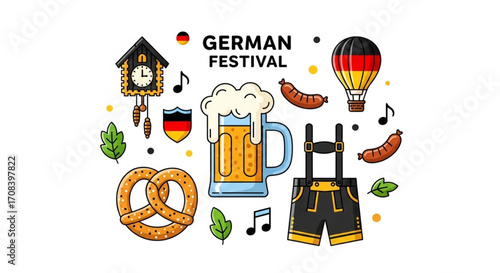 German Festival Oktoberfest Vector Illustration with Beer, Pretzel, and Traditional Icons