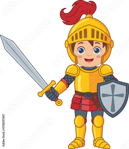 Cartoon knight illustration, child in yellow and red armor, sword and shield, cheerful pose, medieval character, fantasy hero, stylized graphic