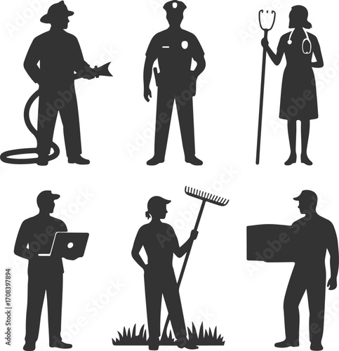 Diverse Workforce Silhouette Icons of Various Professions and Occupations