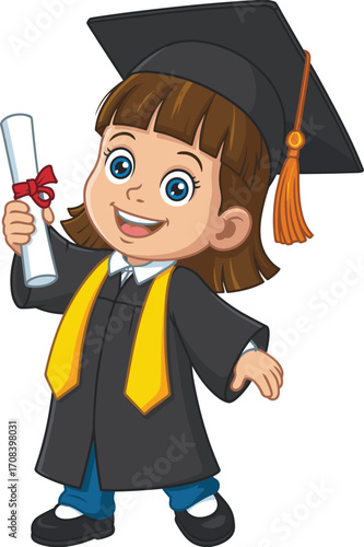 Child graduation cartoon illustration, black gown and cap, diploma in hand, academic achievement, smiling student, yellow stole, education celebration graphic