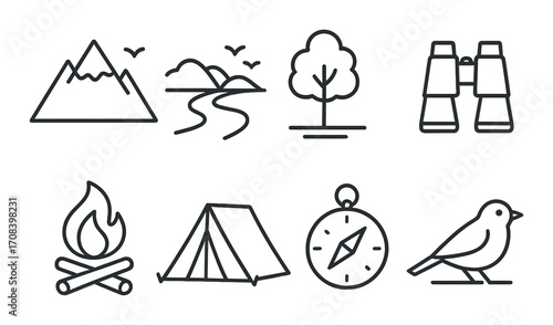 Outdoor adventure icons: hiking, camping, and nature exploration symbols