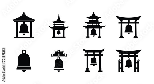 Asian temple bells and gates icons set