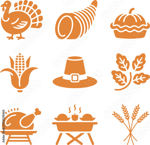 Seasonal autumn and Thanksgiving holiday celebration icons set, depicting harvest symbols and festive food