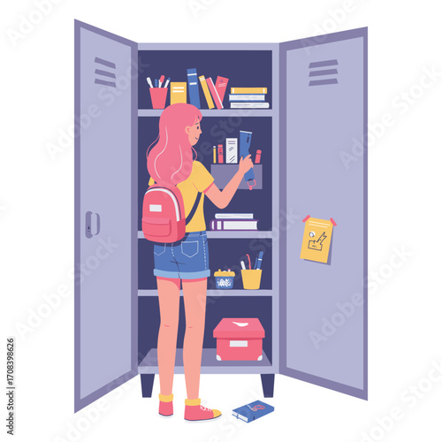 Student organizing supplies in school locker classroom digital illustration academic environment side view learning concept. Vector illustration
