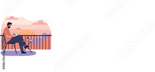 Creative writing session balcony illustration evening side view inspiration. Vector illustration