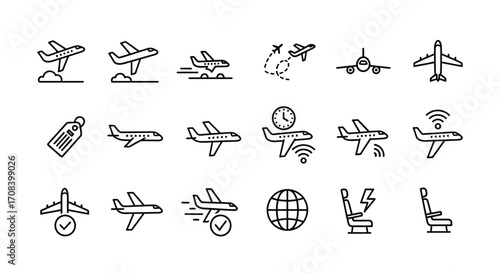 Collection of hand drawn airplane icons featuring travel and aviation themes in a simple sketch style vector