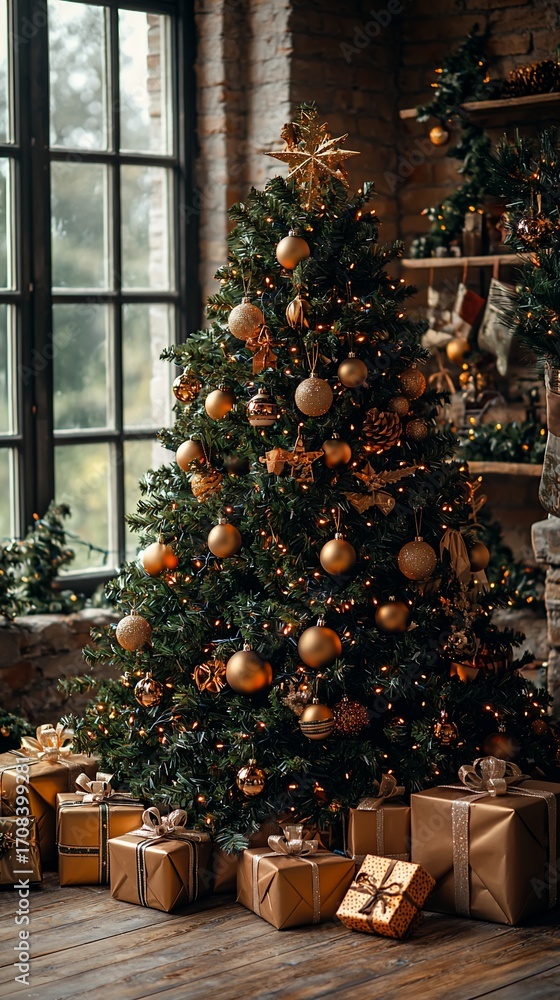 Obraz premium A beautifully decorated Christmas tree stands in a rustic room, surrounded by presents. Warm lighting enhances the festive atmosphere