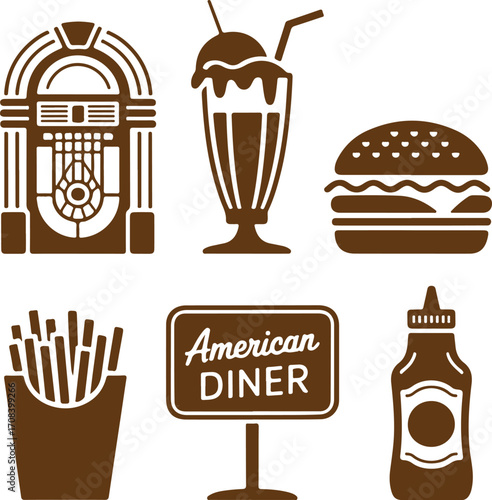 Vector collection of vintage silhouette icons representing a classic American diner menu and culture