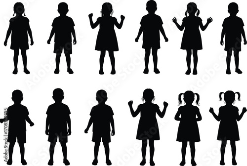 PrintChildren, silhouette, vector, black, isolated, white, background, boys, girls, standing, pose, cartoon, outline, editable, clipart, gesture, shadow, kids, design, drawing