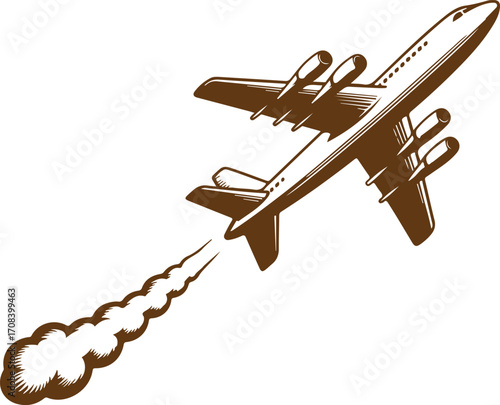 Classic four-engine passenger airplane illustration in a retro woodcut style taking off