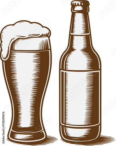 Detailed vector graphic of a frothy beer glass and bottle in an old-fashioned etched style