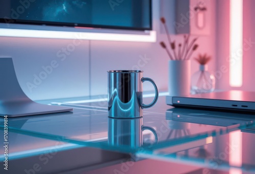 Minimalist Futuristic Desk  Chrome Coffee Mug and Glass Desk with Neon Lighting.
